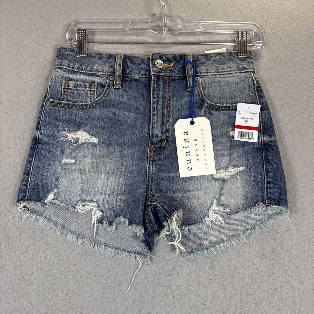eunina High-Rise Distressed Denim Shorts - Blue Wash